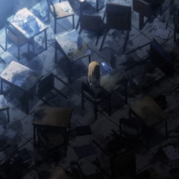 Kushida in a destroyed classroom from her middle school